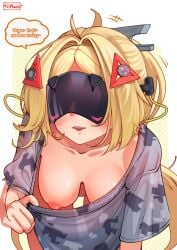 bent_over blonde_hair breasts commentary downblouse english_commentary english_text extended_downblouse eye_mask female grey_shirt hair_ornament highres large_breasts long_hair miimach7 nipples no_bra no_panties parted_lips shirt simple_background solo speech_bubble trigger_(zenless_zone_zero) very_long_hair white_background zenless_zone_zero