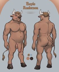 2020 anthro ass belly big_penis black_nose blue_background blue_eyes bovid bovine boyle_(cade_avalon) brown_background brown_body brown_hair brown_skin english_text facial_hair flaccid foreskin genitals goatee hair hi_res hooves horn looking_at_viewer male mammal model_sheet muscular muscular_anthro muscular_male navel nude penis pimpartist simple_background slightly_chubby solo standing text traditional_media_(artwork)