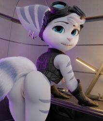 2026 3d_(artwork) absurd_res anthro ass bent_over blue_body blue_eyes blue_fur breasts clothing digital_media_(artwork) ear_piercing ear_ring eyebrows eyelashes eyewear eyewear_on_head female fur genitals gloves goggles goggles_on_head handwear hi_res inside insomniac_games lombax mammal melo nipples piercing ratchet_and_clank ring_piercing rivet_(ratchet_and_clank) smile solo sony_corporation sony_interactive_entertainment striped_body stripes tail topwear vulva