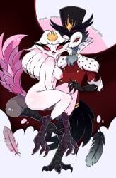 anthro anthro_on_anthro ass avian beak big_ass big_breasts bird blue_body blue_feathers breasts clothed clothing crown demon duo feathers female headgear helluva_boss hi_res husband_and_wife male male/female married_couple mature_female mature_male multi_eye nude open_mouth open_smile owl owl_demon partially_clothed red_eyes senor_gato simple_background smile stella_(helluva_boss) stolas_(helluva_boss) thick_thighs white_body white_feathers