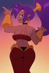 1girls armwear ass back back_view backboob blue_eyes bottomwear bracelet breasts ear_piercing earrings female female_only hair half-closed_eyes heart hips hoop_earrings looking_back medium_breasts pants pointy_ears ponytail purple_hair quintzy_xd red_pants shantae shantae_(character) smile solo solo_female tongue tongue_out topwear tubetop wide_hips