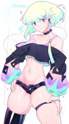 1boy big_hips bra bulge clothing collar crossdressing femboy lio_fotia looking_at_viewer male midriff minishorts nail_polish nails_painted oyasaiiis painted_nails promare skinny slim_male slim_waist thick_thighs twink