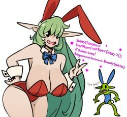 1boy 1girls 2025 big_breasts blue_bunny_ears blue_bunnysuit breasts bugmancer_(murgoten) bunny_ears bunnysuit code goblin green_hair hand_on_own_ass hand_on_own_butt hips leaning_forward long_hair mob_face murgoten notched_ear peace_sign pointy_ears red_bunny_ears red_bunnysuit simple_background simple_eyes surprised surprised_expression thick_thighs thighs white_background wide_hips wrist_cuffs