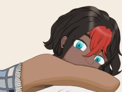 bangs_between_eyes black_hair blanket blanket_covering curly_hair cyan_eyes dark-skinned_female dark_skin dark_skinned_female emo emo_hair female kaybur_(series) la_gran_guerra_(series) looking_at_viewer lying lying_on_bed lying_on_stomach nude nude_female red_hair short_hair sofia_eskáy_(character) suggestive twitter twitter_username zekorashe