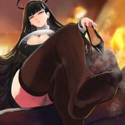 1girls absurdres ai_generated black_hair black_thighhighs blue_archive breasts cat_cutout clothing_cutout couch expressionless feet foot_focus from_below halo high_heels highres holding holding_shoes huge_breasts looking_at_viewer looking_down on_couch panties red_eyes rio_(blue_archive) shoes sitting steam steaming_body sweater thefelix thighhighs underwear white_panties wide_hips