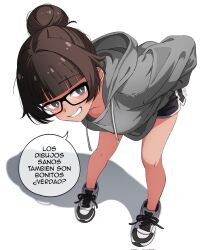 author_character digital_art glasses hoodie kenday70 not_porn short_hair short_shorts small_chest smaller_female spanish_text