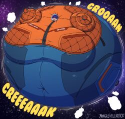 1girls air_inflation belly_expansion big_belly big_breasts bodysuit breast_expansion expansion inflation jinglevellrock juno_(overwatch) navel navel_visible_through_clothes overwatch overwatch_2 space space_helmet spacesuit spherical_inflation sunken_head sunken_limbs tagme