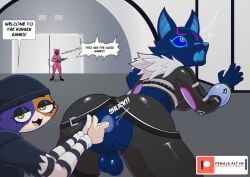 anal anal_fingering anal_sex anthro anus ass backsack balls breasts canid canine canis clothed clothing dialogue domestic_cat duo easy_access english_text epic_games felid feline felis female fingering fortnite genitals gynomorph hi_res ike_marshall intersex kancho mammal meow_skulls pack_leader_highwire penetration perineum squid_game text wolf