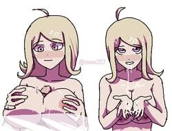 1boy 1girls ahoge akamatsu_kaede big_penis blonde_hair blush breasts cum cum_in_mouth cum_on_breasts cum_on_face danganronpa danganronpa_v3 nikkei_(artist) nude paizuri smooth_skin straight