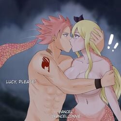 abs background blonde_hair completely_nude completely_nude_female completely_nude_male fairy_tail fairy_tail_mark female interspecies kissing lamia large_breasts lucy_heartfilia male muscular_male naga natsu_dragneel pink_hair red_tattoo shocked snake_girl tail tattoo tattoo_on_shoulder tattooed_shoulder