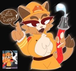 1girls 2025 2d 4_fingers anthro background big_breasts black_background breasts digital_drawing digital_media digital_painting ears evita_fuegos exclamation_point eyebrows eyelashes eyes female firefighter firefighter_helmet firefighter_jacket firefighter_uniform fur helmet hose jacket jacket_open lion lion_ears lion_girl lion_tail looking_at_viewer nuevoleon open_clothes reference_image simple_background smile smiling solo speech_bubble tail text water