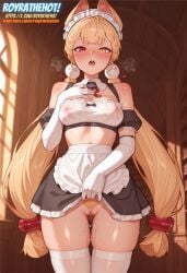 ai_generated alice_thymefield blonde_hair bunny_ears bunny_girl covered_nipples female heavy_breathing heterochromia in_heat library maid maid_uniform miniskirt pubic_hair pussy pussy_juice red_eyes royrathehot skirt_lift solo steam steaming_body watermark yellow_eyes zenless_zone_zero