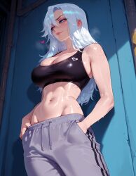 1girls abs against_wall ai_generated armpit_crease ashe_(league_of_legends) balecxi bare_arms bare_shoulders black_sports_bra blue_eyes blush bra breasts cleavage closed_mouth clothing collarbone crop_top curvaceous curvaceous_female curvaceous_figure curvy curvy_figure drawstring female female_focus grey_pants groin gym gym_clothes gym_uniform hair_between_eyes hands_in_pockets inviting inviting_to_sex large_breasts league_of_legends lips long_hair makeup midriff navel pants pink_lips presenting presenting_ass presenting_breasts presenting_hindquarters presenting_self seductive seductive_look seductive_smile shiny_skin smile solo sports_bra standing stomach sweat sweatpants toned track_pants underwear voluptuous voluptuous_female white_hair yoga_pants