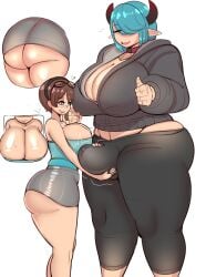 1futa 1girls absurdres ass balls balls_caress big_ass big_breasts blue_hair breasts bulge bulge_grab cleavage dickgirl erection_under_clothes female fladdy fladdykin futanari highres huge_balls huge_breasts huge_testicles intersex large_breasts larger_futa short_hair short_hair_female size_difference smaller_female tagme testicles thick_thighs wide_hips