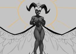 angel angel_humanoid big_breasts blush breasts claws empty_eyes exorcist_(hazbin_hotel) feathers female genitals grey_body grey_feathers halo hazbin_hotel hellaverse hi_res horn humanoid joe_20243 looking_at_viewer muscular_female nipples open_smile pussy simple_background solo thick_thighs third-party_edit white_body white_feathers x_eye