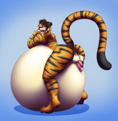 absurd_res anthro ass balls belly big_belly felid feline fur genitals hair hi_res hyper hyper_belly hyper_pregnancy kaydex male mammal nude pantherine penis pregnant pregnant_male striped_body striped_fur stripes tiger