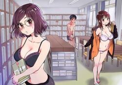 1boy 2girls black_bra black_hair blush book boxers bra breasts brown_eyes brown_hair chair cleavage desk female glasses highres jacket large_breasts library lingerie long_hair looking_at_viewer male multiple_girls navel open_mouth panties shiwasu_no_okina shoes short_hair smile standing underwear underwear_only undressing uwabaki white_bra