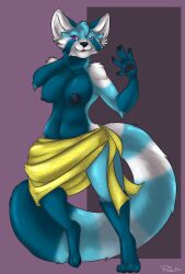 2014 ailurid anthro big_breasts biped blue_body blue_fur breasts casual_exposure clothed clothing female fur mammal nipples pink_eyes pmoss red_panda sarong solo standing topless