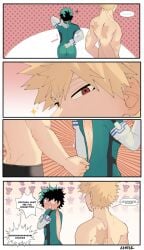 4koma _komilk abs bakudeku bakugou_katsuki bare_back bite_mark blonde_hair blush boku_no_hero_academia curvy dressing embarrassed freckles green_eyes green_hair izuku_midoriya katsuki_bakugou midoriya_izuku my_hero_academia no_shirt pectorals red_eyes scar yaoi