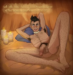 1boy anus anus_peek avatar_legends avatar_the_last_airbender big_penis candles clingyhyena english_text eye_contact feet flaccid hairy hairy_armpits hairy_balls hairy_legs hairy_male inviting inviting_to_sex knees_apart_feet_together male male_only necklace nipple_piercing pierced_nipples ponytail pov pov_eye_contact pubic_hair sokka solo solo_male spread_legs talking_to_viewer text text_bubble tongue_out veiny_penis water_tribe