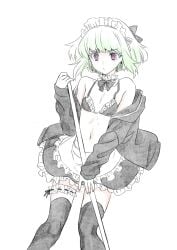 1boy androgynous bikini black_legwear bob_cut crossdressing femboy femboy_only jacket lio_fotia maid maid_apron maid_bikini maid_headdress petite petite_body petite_male promare short_hair slim slim_male slim_waist solo stockings thigh_strap thighhighs twink