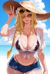 1girls ai_generated arm_up aviator_sunglasses balecxi beach bikini bikini_under_clothes black_bikini blonde_hair blue_shorts blue_sky braid braided_ponytail breasts cleavage clothing cloud collarbone curvaceous curvaceous_female curvaceous_figure curvy curvy_figure cutoffs day denim denim_shorts elden_ring exhibitionism eyes_visible_through_hair eyewear eyewear_on_head female female_focus flower fromsoftware hair_flower hair_ornament hair_over_shoulder hat headwear highleg highleg_bikini huge_breasts inviting inviting_to_sex large_breasts lips long_hair looking_at_viewer micro_shorts midriff nail_polish navel ocean open_mouth outdoor_nudity outdoors outside parted_lips presenting presenting_ass presenting_breasts presenting_hindquarters presenting_self queen_marika_the_eternal seductive seductive_look seductive_smile see-through see-through_shirt shirt short_shorts short_sleeves shorts single_braid sky smile solo stomach straw_hat sun_hat sunglasses swimsuit swimsuit_under_clothes teeth thick_thighs thigh_gap thighs tied_shirt torn_clothes torn_shorts v voluptuous voluptuous_female water wet wet_clothes wet_shirt white_flower white_shirt wide_hips yellow_eyes yellow_nails