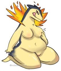 anthro artist_name blue_body blue_fur breasts chest_tuft featureless_breasts female fire fur generation_2_pokemon genitals hand_on_own_breast hi_res kneeling looking_at_viewer narrowed_eyes navel nintendo nude nude_anthro nude_female pokemon pokemon_(species) rainypaws red_eyes simple_background slightly_chubby slightly_chubby_anthro slightly_chubby_female snaggle_tooth solo text tongue tongue_out tuft typhlosion vulva white_background yellow_body yellow_fur