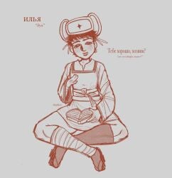2025 anatomically_correct bandage blush book bottom_heavy brown_hair bruise degdaze femboy hickey hickey_marks historical historical_porn historically_inaccurate innuendo oc original original_character russian russian_text servant sitting smile winter_hat