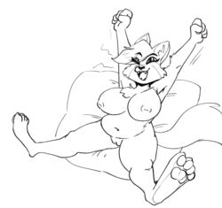 2020 anaugi anthro areola belly big_breasts black_and_white breasts cheek_tuft chest_tuft closed_eyes countershade_torso countershading domestic_cat eyebrow_through_hair eyebrows eyelashes eyeshadow facial_markings facial_tuft fangs felid feline felis female fluffy fluffy_tail fur genitals hair head_markings highlights_(coloring) inner_ear_fluff inverted_nipples katty_hupokoro line_art makeup mammal markings monochrome navel nipples open_mouth pawpads paws pillow pussy slightly_chubby solo stretching teeth translucent translucent_hair tuft yawn