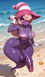 ai_generated beach beach_background big_breasts bikini bikini_top bikini_top_only blat_0 blush_stickers bottom_heavy bottomless colored_skin cum ghost ghost_girl ghost_tail gloves hat humanoid large_balls leaking_cum leaking_precum legless lips long_hair not_furry ocean paper_mario:_the_thousand-year_door penis pink_hair pink_lips purple_eyes purple_penis purple_skin self_upload shadow_creature striped_bikini super_mario_bros. testicles trans_(lore) trans_woman_(lore) veiny_penis video_game video_game_character video_games vivian_(paper_mario) white_gloves wide_hips witch_hat
