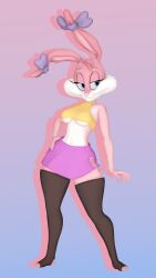 1female 1girls 3d 3d_(artwork) animal_ears anthro anthro_female babs_bunny blue_eyes blue_nail_polish blue_nails bow breasts bunny bunny_ears bunny_girl bunny_teeth clothed clothing digital_media_(artwork) feet female female_anthro female_only fur furry furry_female furry_only long_ears looking_at_another medium_ass medium_breasts medium_hips medium_thighs moles nail_polish navel outfit pink_body pink_fur pink_nose pink_skin senna_source sfm simple_background skirt source_filmmaker stockings stockings_thigh_highs tiny_toon_adventures topless topwear two-tone_body warner_brothers white_body white_fur white_skin