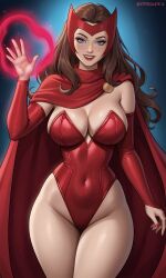 ai_generated blue_eyes breasts bridal_gauntlets brown_hair cape cleavage clothing covered_navel detached_sleeves female grin groin hand_up highleg highleg_leotard large_breasts leotard lips lipstick long_hair looking_at_viewer magic marvel marvel_comics mole mole_on_breast nail_polish navel parted_lips red_cape red_leotard red_lips red_nails red_sleeves scarlet_witch smile solo sonicprimeinfinitus strapless strapless_leotard thick_lips thigh_gap thighs wanda_maximoff wavy_hair