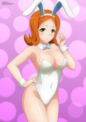 animal_ears armpits blue_bow bow bowtie breasts bunny_ears bunny_girl bunnysuit cleavage closed_mouth clothing cuffs detached_collar fake_animal_ears female female_focus female_only highres large_breasts leotard medium_breasts milf orange_hair playboy_bunny purple_background smile solo to_love-ru white_leotard yellow_eyes yukino_memories yuuki_ringo zel-sama