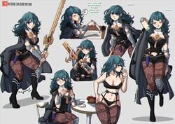 1girls blood blood_on_face bloody_weapon blue_eyes blush boots bra breasts byleth_(fire_emblem) byleth_(fire_emblem)_(female) closed_eyes cup dagger english_text female fire_emblem fire_emblem:_three_houses green_hair grey_background high_heel_boots high_heels highres holding holding_weapon jacket jacket_on_shoulders kinkymation large_breasts long_hair looking_at_viewer messy_hair navel nintendo open_mouth pantyhose patreon_username quill reference_sheet simple_background sitting smile stance sword_of_the_creator table teacup teal_hair text thighhighs underwear weapon