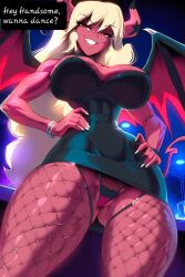 1girls ai_generated bare_arms bare_legs bare_shoulders bare_thighs big_breasts color demon demon_girl english_text female fishnets gigiti helluva_boss hi_res large_breasts long_hair looking_at_viewer nightclub pink_body pink_skin smug smug_face solo solo_female succubus succubus_horns succubus_tail succubus_wings text text_box thick_thighs verosika_mayday_(helluva_boss) white_hair