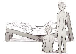 2boys after_sex ass ass_focuss back bakudeku bakugou_katsuki bare_back bare_legs barefoot bed bed_sheet blanket boku_no_hero_academia broken_bed completely_nude curly_hair deku_anfang feet from_behind izuku_midoriya katsuki_bakugou legs messy_hair midoriya_izuku my_hero_academia nude pillow sitting speechless spiked_hair standing yaoi