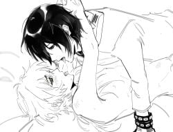 2boys aoba_seragaki brother/brother brothers clothed/nude dramatical_murder french_kiss french_kissing incest kissing sei_(dramatical_murder) spit_trail yaoiphrnic