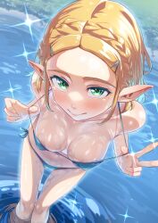 1girls absurdres bare_shoulders bikini blonde_hair blue_bikini blush braid breasts crown_braid female from_above green_eyes hair_ornament hairclip highres leaning_forward looking_at_viewer medium_breasts navel nintendo noshiro_tomoya pointy_ears princess_zelda short_hair smile solo strap_pull swimsuit the_legend_of_zelda the_legend_of_zelda:_tears_of_the_kingdom wading water
