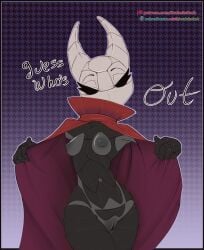 absurd_res anthro breasts cloak cloak_only clothing digital_media_(artwork) female flashing genitals hi_res hollow_knight_(franchise) hornet_(hollow_knight) nipples nude pinup pose presenting scalesindark solo team_cherry text url