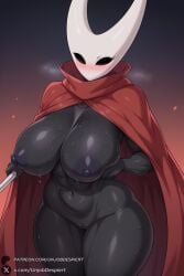 1female 1girls 2025 abs ai_generated artist_name big_ass big_breasts black_skin blush breasts cape cleft_of_venus cloak colored_skin curvy female genderswap_(mtf) gradient gradient_background hi_res high_quality high_resolution highres holding holding_weapon hollow_knight hollow_knight:_silksong hornet_(hollow_knight) horns huge_ass huge_breasts large_breasts looking_at_viewer mask navel nipples nude patreon patreon_username pussy red_cape red_cloak rule_63 solo sweat unjobdespiert watermark weapon web_address