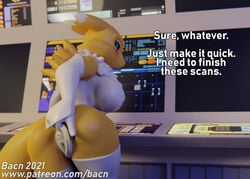 3d_(artwork) anthro anus armwear ass bacn bent_over big_breasts black_sclera blush breasts canid canine clothed clothing detailed_background dialogue digimon digimon_(species) digital_media_(artwork) english_text female fox fur genitals legwear looking_at_viewer looking_back mammal presenting presenting_anus presenting_hindquarters presenting_pussy pussy quickie renamon renamon_(bacn) rubber solo text tuft url white_body white_fur yellow_body