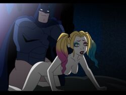 1boy 1girls alpha_male ambiguous_penetration ass batman bed black_lipstick blonde_hair blue_eyes bottomless breasts bruce_wayne cape clothed_male_nude_female collarbone dc dc_comics detailed_background doggy_style erect_nipples eyeshadow from_behind gripping_sheets hand_on_shoulder harley_quinn harley_quinn_(series) hentainador moaning muscular_male nipples pale_skin penetration petite pink_nipples sex smirk twintails vaginal_penetration