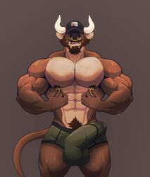 2020 5_fingers abs anthro balls balls_outline beard big_balls big_bulge big_muscles big_pecs big_penis black_nipples black_nose bodily_fluids body_hair bottomwear bovid bovine brown_body brown_fur brown_hair bulge cattle chest_hair clothed clothing ear_piercing ear_ring erection facial_hair facial_piercing fingers fur genital_fluids genital_outline genitals hair happy_trail hi_res horn howeed humanoid_hands licking licking_lips magnus_(howeed) male male_only mammal moustache muscular muscular_anthro muscular_male nipple_fetish nipple_piercing nipple_pinch nipple_play nipple_ring nipples nose_piercing nose_ring pecs penis penis_outline piercing pinch pink_tongue precum precum_through_clothing precume pubes shorts solo solo_male standing sweat tongue tongue_out topless veiny_muscles wet wet_clothing white_horn