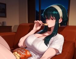 1girls ai_generated bag_of_chips balecxi bangs black_hair breasts chips_(food) cleavage clothing couch curvaceous curvaceous_female curvaceous_figure curvy curvy_figure earrings eating female female_focus food furniture gold_earrings hairband headwear holding holding_food indoors jewelry large_breasts long_hair lying night on_back on_couch picture_frame pillow potato_chips red_eyes shirt short_hair_with_long_locks short_sleeves sidelocks sitting solo spy_x_family t-shirt taut_shirt thighs voluptuous voluptuous_female white_hairband white_shirt window yor_briar yor_forger
