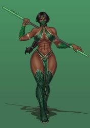 1girls abs black_hair breasts dark_skin dark_skinned_female edenian female female_only jade_(mortal_kombat) mask mortal_kombat mortal_kombat_(2011) muscular muscular_female pole solo solo_female solo_focus staff thighs thotlerrr treartz