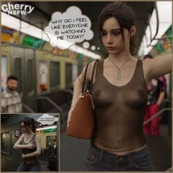 1girls 3d braless breasts brown_hair capcom cherrynsfw claire_redfield embarrassed embarrassed_nude_female female female_focus nipples nipples_visible_through_clothing public public_exposure resident_evil solo_focus subway text thought_bubble translucent_clothing