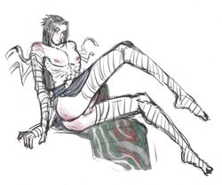 1boy armwear bandages black_hair blush erection erection_under_clothes league_of_legends legs_up legwear long_hair male red_eyes solo yone