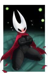 anthro breasts cloak cloak_only clothing covering covering_breasts covering_self cupping_breasts diamond_grenadier female genitals hi_res hollow_knight_(franchise) hornet_(hollow_knight) solo team_cherry torn_clothing vulva