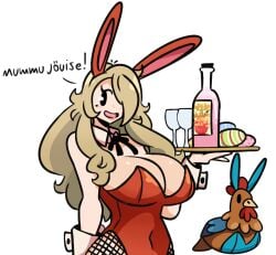 1girls 2025 belly_button belly_button_visible_through_clothing big_breasts blonde_hair blue_bunny_ears blue_bunnysuit bottle breasts bunny_ears bunnysuit chicken dirty_blonde_hair easter easter_egg easter_eggs fishnets glass hair_over_one_eye long_hair mob_face mole mole_under_eye murgoten navel navel_visible_through_clothes red_bunny_ears red_bunnysuit serving_tray simple_background simple_eyes stella_(murgoten) white_background wrist_cuffs