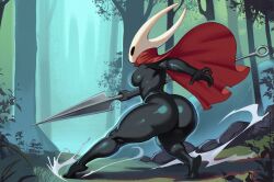 1girls ass big_ass black_body bottom_heavy breasts bubble_butt cloak fat_ass female female_only forest hollow_knight hollow_knight:_silksong hornet_(hollow_knight) huge_ass large_ass mask nocturne_nsfw outdoors rear_view solo spear thick_ass thick_thighs tree weapon wide_hips
